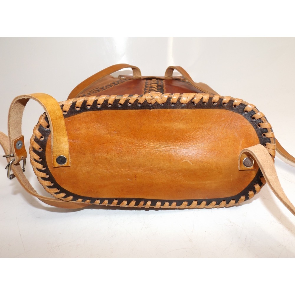 Leather Tooled & Stiched Backpack Purse Aztec design 13 x 9 x 5" - Picture 9 of 16